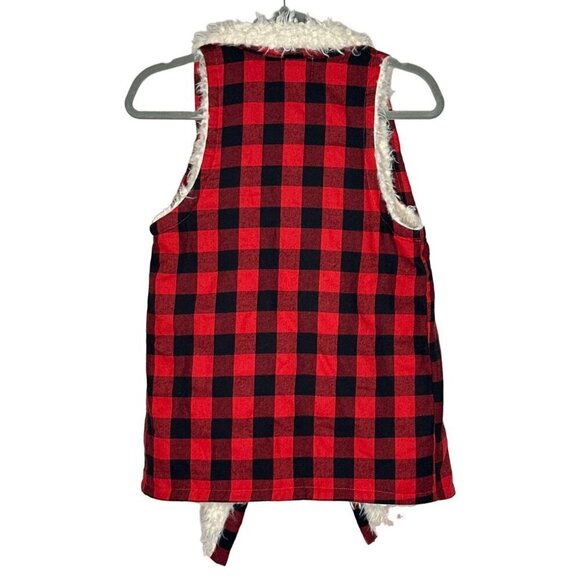 Faux Fur Buffalo Check Plaid Flannel Sherpa Open Vest Wonens S Cabin Rustic Cozy - Picture 2 of 9